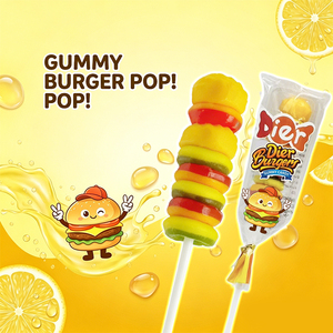 Bonbons en gros personnalisés sous marque privée, nouvelles sucettes gélifiées en forme de burger, saveur fruitée riche, douces et moelleuses, en boîte, appréciées des enfants, collations quotidiennes, OEM/ODM - Product Image 1