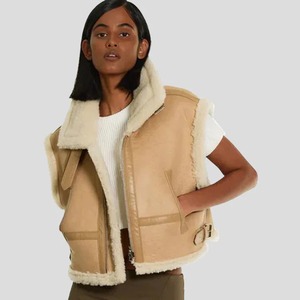 Chaleco de piel de oveja B3 marrón elegante para mujer, chaleco de aviador de cuero genuino para invierno - Product Image 1