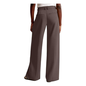 Pantalon taille haute à jambes larges, couleur unie, plissé, longueur complète, élégant, en crêpe, infroissable, coupe ample, style automne - Product Image 4