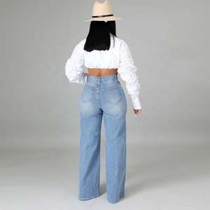 Jean en denim personnalisé pour femme, taille haute, à empiècements, non extensible, avec fermeture éclair avant et arrière, coupe évasée - Product Image 2