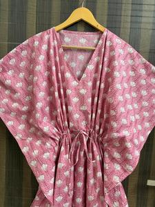 Women Pink Floral Print 100% Cotton <b>Kaftan</b> Dress Handmade Beach Cover Regular Fit <b>Summer</b> Lounge Wear Boho Breathable Natural - Product Image 5