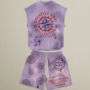 Ensemble gilet et short pour homme, 100% coton respirant, sans manches, délavé à l'acide, avec strass, impression personnalisée - Product Image 1