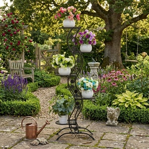 Support à fleurs vintage en métal à 5 niveaux, design circulaire, pour l'intérieur et l'extérieur, présentoir de plantes de jardin, style rustique, finition non enduite - Product Image 3