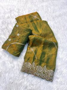 Gorgeous Looking Space Silk with Zari-Thread Embroidered All-Over Stripe Pattern & Leaf border work <b>Saree</b>-<b>Blouse</b> Indian Supplier - Product Image 6