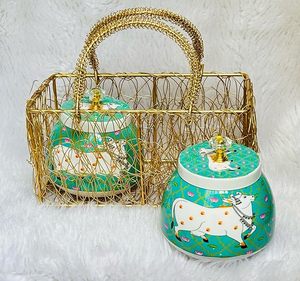 En gros, ensemble de plateaux et pots en corne Pichwai, faits main, au toucher réel, motif animalier indien, pour cadeau de remerciement - Product Image 5