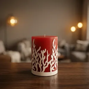 <b>Red</b> Cylinder Wax Votives <b>Candle</b> With White Coral Cutout Design For Home Decoration - Product Image 2
