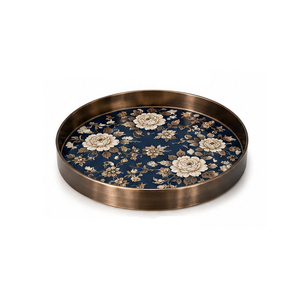 <b>Round</b> <b>Serving</b> <b>Tray</b> Matte Gold Finish Floral Pattern Decorative Residential Use - Product Image 4