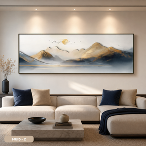 Cuadro de Arte Abstracto Moderno Hecho a Mano de la Marca HALO, Impresión en Seda de Paisaje de Montaña con Pájaros y Sol, Marco de Madera, Arte de Interior NUI3-2 Vietnam - Product Image 1