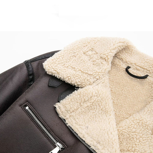 Brown Women's Genuine <b>Leather</b> Shearling Bomber Jacket With Fur Trim Zipper Closure Winter <b>Short</b> Coat Full Sleeve Windproof - Product Image 5