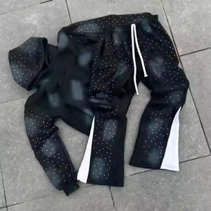 2026 En gros, Survêtement personnalisé de haute qualité pour hommes, avec pantalon de survêtement évasé et sweat à capuche, orné de strass, délavé soleil et effet vintage - Product Image 1