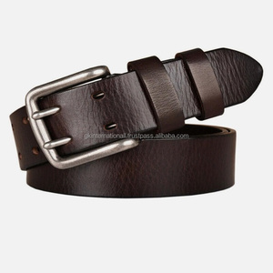 Cinturón informal de cuero marrón resistente de 2 pulgadas de ancho personalizado para hombres con hebilla de latón plateado mate de doble punta - Product Image 2