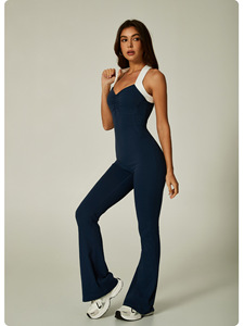 Women <b>Navy</b> Blue Ruched V-Neck Spaghetti Strap Full Length Yoga Jumpsuit High Waist Seamless Four-Way Stretch Gym Wear - Product Image 4