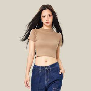 Camiseta Corta de Punto para Mujer, Manga Raglán, Corte Ajustado, Básica, Lisa - Product Image 3