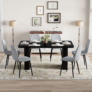 Elegante Set da Pranzo in Legno Nero 164 x 90 cm Abbinato a 6 Sedie in Lino Cotone Grigio Chiaro - Product Image 2