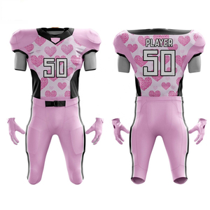 Ensemble d'uniformes de football américain personnalisés, motif cœur rose, maillot sublimé, manches courtes ajustées, 100% polyester, évacuation de l'humidité - Product Image 1