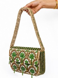 Beaded <b>for</b> Evening <b>Bag</b> with Green Floral Pattern Shoulder Strap Handmade Cotton Lining Elegant <b>Wedding</b> Gift Party Accessory - Product Image 2