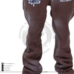 Pantalon de survêtement large pour homme en molleton 100 % coton épais, style streetwear délavé au soleil, avec broderie de logo en strass - Product Image 2