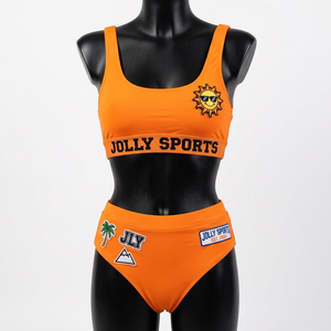 Ensemble de bikini orange en polyester de haute qualité, maillot de bain extensible, patch brodé personnalisé, logo thermocollant, ensemble de bikinis pour femmes - Product Image 5