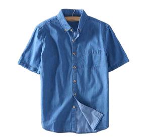 Wholesale High Quality Stylish Short Sleeve Casual Fall Men Slim Plaid Denim Jeans Shirts With Button Closure Denim Shirt - Product Image 2