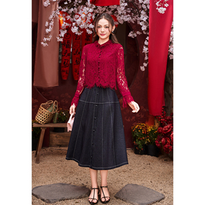 Blusa Roja de Encaje para Mujer con Cuello Peter Pan, Manga Trompeta, Volantes, Capa Transparente, Elegante, Casual, Corta, Transpirable, SUNE - Product Image 2