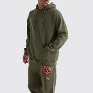 Men Olive Green Hooded Tracksuit <b>Set</b> With Pink Rose Print Casual Full Length Cotton Sweatshirt And Pants - Product Image 3