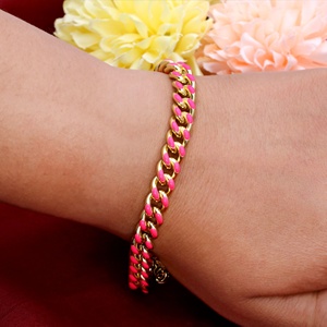 Bracelet gourmette ajustable en argent sterling 925 plaqué or avec émail rose vif, bijoux pour femme, vente en gros - Product Image 5
