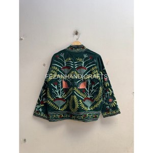 <b>Women</b> Hand <b>Embroidered</b> Velvet <b>Jacket</b> Mandarin Collar Floral Suzani Style Short Coat - Product Image 3