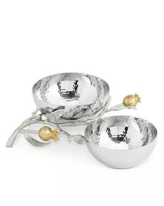 Cuenco de servir de acero inoxidable de 2 niveles con soporte de mimbre dorado |   Bandeja Moderna para Aperitivos con Diseño Floral |   Elegante Frutero para Fiestas de Boda - Product Image 4