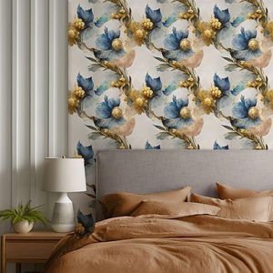 Carta da Parati Vintage Floreale Grande, Facile da Applicare e Rimuovere, Motivo Astratto Marmo e Fiori in Oro/Blu, Carta Adesiva Classica per Pareti - Product Image 4