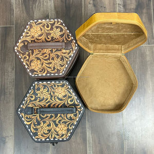 Luxury Hand Tooled Cowhide Leather Zipper Jewelry Storage Organizer Case Bracelet <b>Watch</b> Necklaces Hexagonal Jewelry Travel Box - Product Image 5