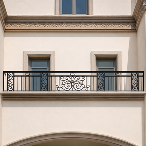 Rampe de balcon en fer forgé noir, design ornemental à volutes, garde-corps de façade de villa, balustrade extérieure en métal, décoration haut de gamme - Product Image 1