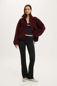Chaqueta de forro polar burdeos para mujer, con cremallera completa, cuello alto, hombros caídos, abrigo grueso de invierno - Product Image 2