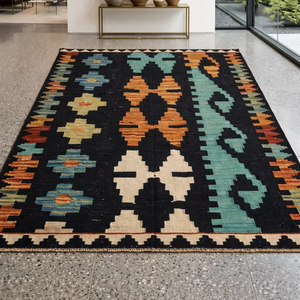 Juego de Alfombras Kilim Dhurrie Modernas Abstractas de Lana Ecológica Tejida a Mano con Base de Yute de Pelo Corto de la Compañía M.A.A. Uttar - Product Image 1