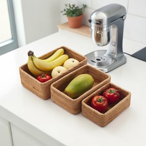 ISLA Set of 3 Natural Rattan Rect Food and Fruit Serving Baskets Handwoven Wicker Storage Baskets for Living Bedroom <b>Kitchen</b> OEM - Product Image 1