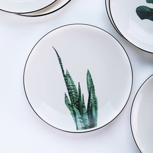 Assiettes peu profondes en céramique motif plantes vertes naturelles, qualité supérieure, lot de 4, écologiques, en stock, coffret cadeau durable - Product Image 5