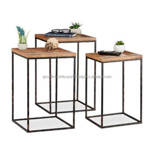 Ensemble de 3 tables d'appoint gigognes industrielles en bois de manguier et métal, design rustique, rangement et organisation, capacité de plus de 5 pieds - Product Image 1