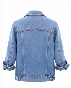 เสื้อแจ็คเก็ตยีนส์ผู้หญิง แขนสามส่วน ปกพับได้ สีพื้น ปิดด้วยกระดุม - Product Image 6