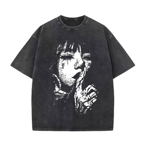 เสื้อยืดผู้ชายทรงปกติ แขนสั้น คอกลม สตรีทแวร์ พิมพ์ลายซิลค์สกรีน ย้อมสีแบบแอซิดวอช ป้องกันรังสียูวี ผ้าคอตตอนเจอร์ซีย์ สีดำ ลายโลโก้ด้านหน้า - Product Image 1