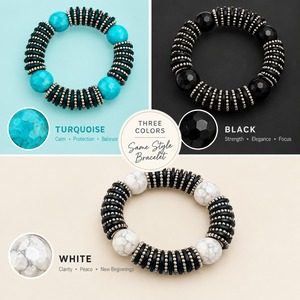 Pulsera elástica con cuentas de turquesa con detalles plateados y discos de color verde oscuro, joyería bohemia hecha a mano con piedras preciosas para mujer - Product Image 3