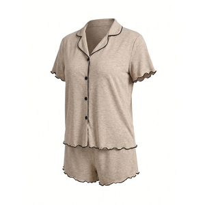 Conjunto de pijama de mujer con botones y ribete en contraste, pantalones cortos con dobladillo ondulado, conjunto de 2 piezas para estar en casa - Product Image 2