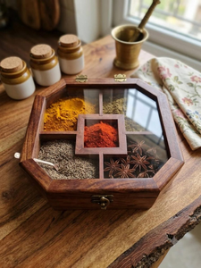 Boîte à épices hexagonale en bois avec couvercle transparent, organisateur de masala, conteneur de rangement pour épices de cuisine, boîte de rangement pour fruits secs, décorative - Product Image 1