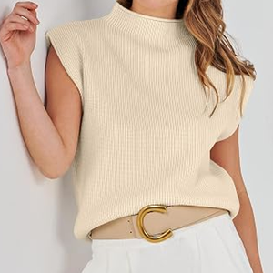 Gilet sans manches col roulé beige en maille côtelée pour femme, 100 % acrylique, anti-boulochage, style minimaliste, pull d'automne, coupe classique - Product Image 3