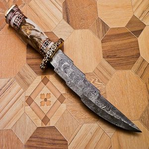 Zombie Damascus Steel Hunting <b>Knife</b> Drop Point Blade Bevel Edge 0.6mm Thickness Marble Handle Hand Forged Design - Product Image 1