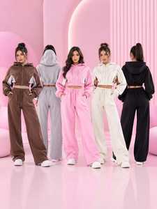 2026 Womens <b>Cropped</b> <b>Zip</b> Hoodie Solid Wide Leg Jogger Set Custom Fleece Two Piece Winter 400g Activewear Wholesale Custom Color - Product Image 1