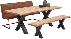 โต๊ะอาหารทรงโมเดิร์นขาเหล็ก X แบบฉีกขาด หน้าโต๊ะไม้เนื้อแข็งอะคาเซียขอบธรรมชาติ สีดำธรรมชาติ เหมาะสำหรับบ้าน ห้องครัว ร้านอาหาร - Product Image 4