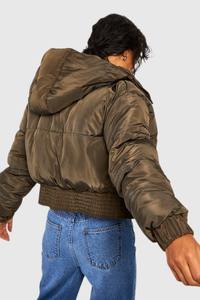 Brown Short Puffer <b>Jacket</b> <b>Women's</b> Zipper Closure Windproof Casual Winter Coat Front Logo Print Polyester Filling - Product Image 3