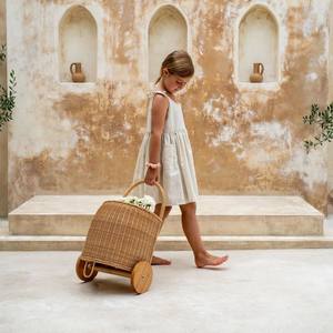 Chariot en rotin avec roulettes, panier de rangement pour enfants, chariot à jouets, sac de transport - Product Image 6