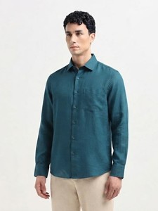 Chemise en lin unie à manches longues pour homme Enovate, tissu tissé respirant décontracté d'été, 200g, vert sarcelle - Product Image 1