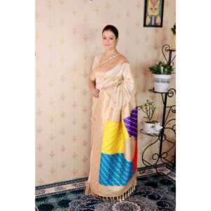 ผ้าไหมนุ่มแบบบาแนรัส พร้อมผ้าคลุมไหล่หลากสีครีม ทอแบบซารี  สำหรับเสื้อผ้าอินเดียและปากีสถาน - Product Image 2