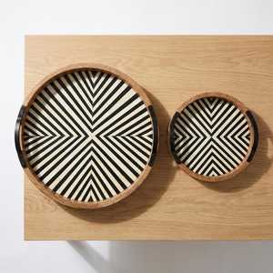 Handmade Circular Bone Inlay Black & White <b>Tray</b> - Black Bone Inlay <b>Round</b> <b>Tray</b> | Handmade Floral Serving <b>Tray</b> For Home Decor - Product Image 1